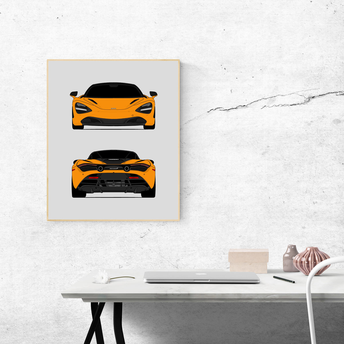 McLaren 720S (2017-2023) (Front and Rear) car poster wall art above a desk