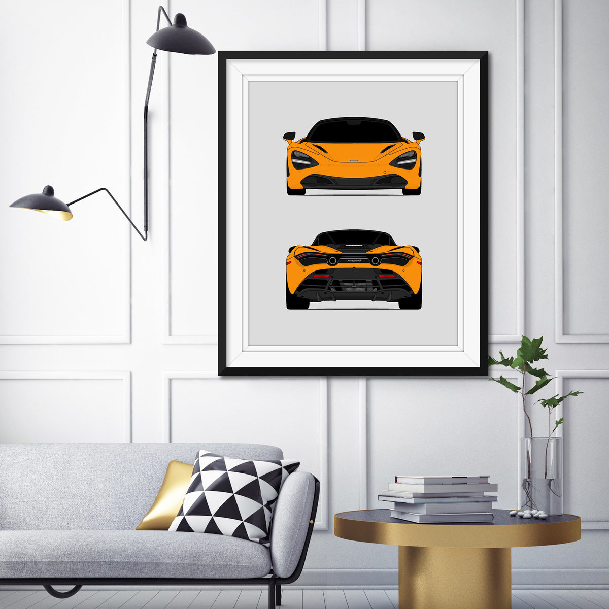 McLaren 720S (2017-2023) (Front and Rear) car poster wall art in a living room
