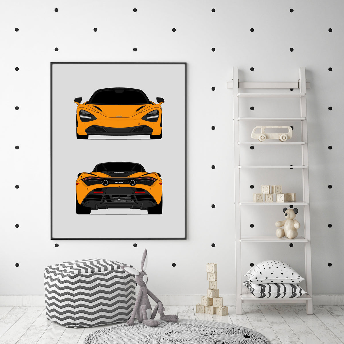 McLaren 720S (2017-2023) (Front and Rear) car poster wall art in a nursery
