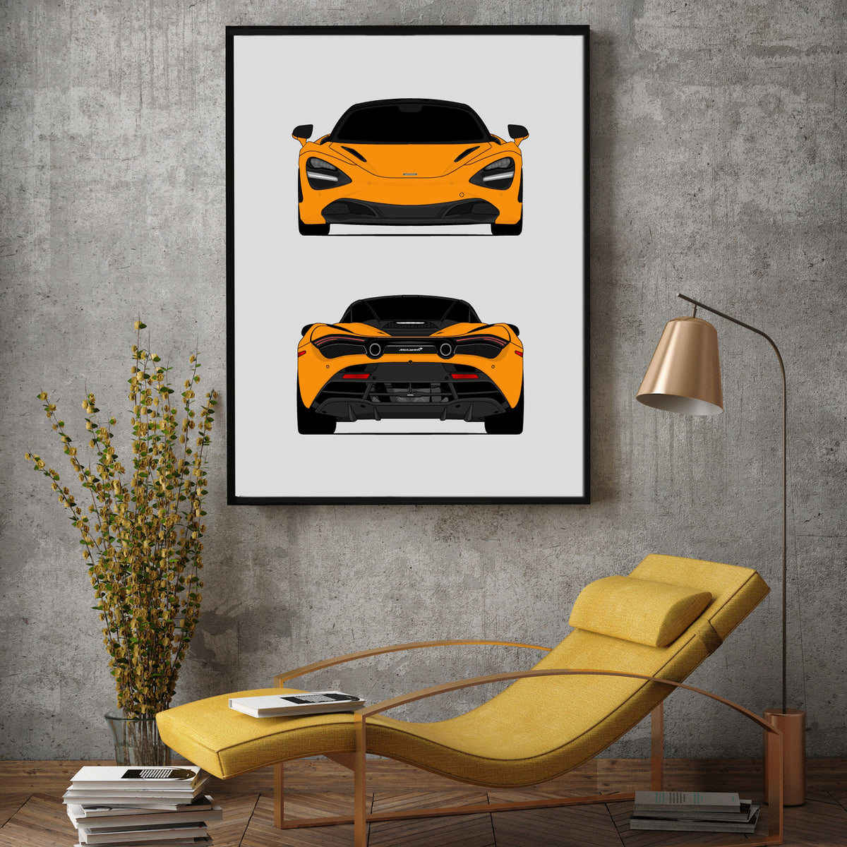 McLaren 720S (2017-2023) (Front and Rear) car poster wall art above a yellow lounge chair