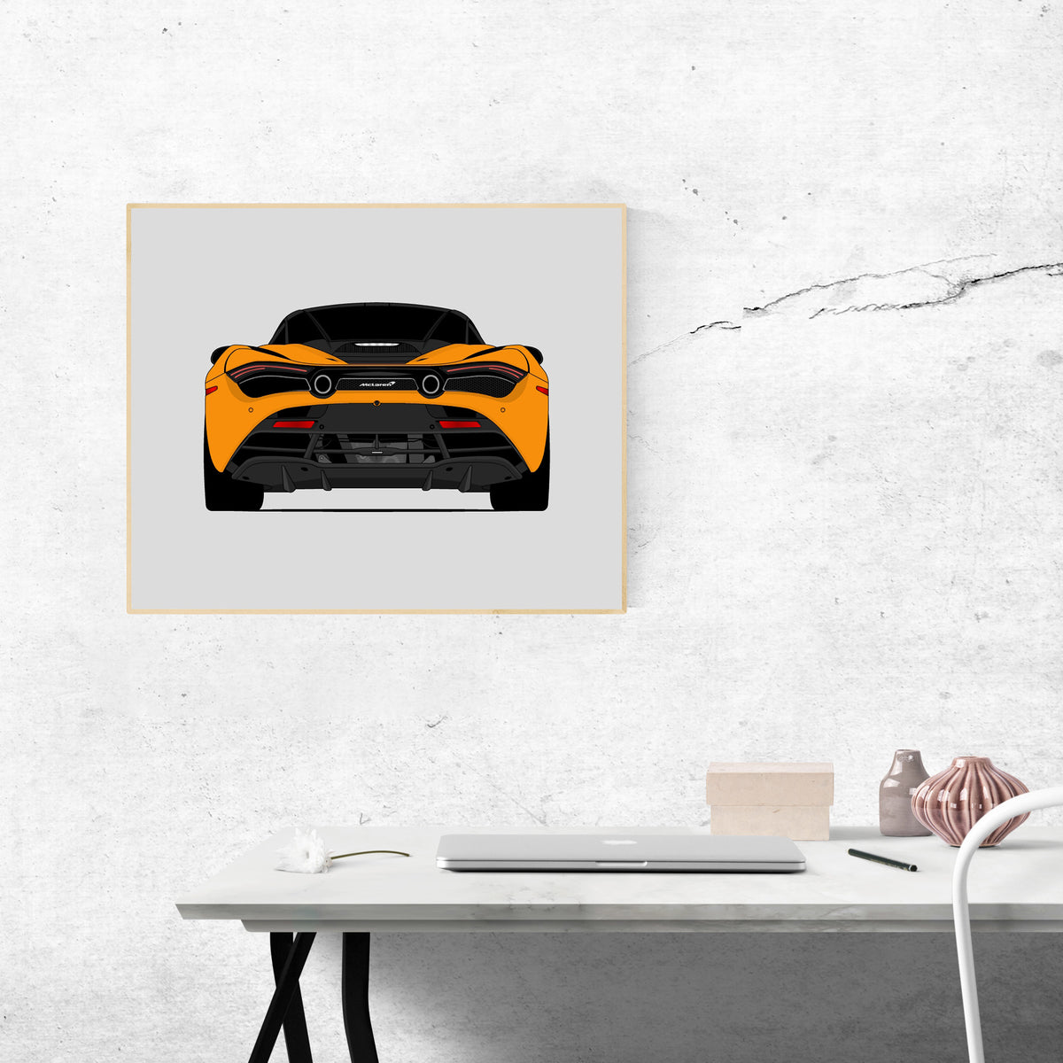 McLaren 720S (2017-2023) (Rear) car poster wall art above a desk