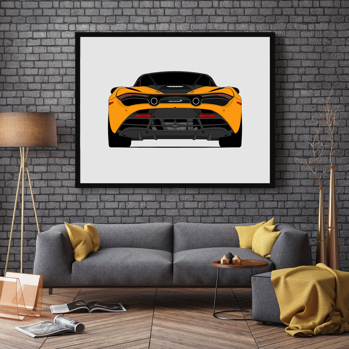 McLaren 720S (2017-2023) (Rear) car poster wall art in a dark grey living room