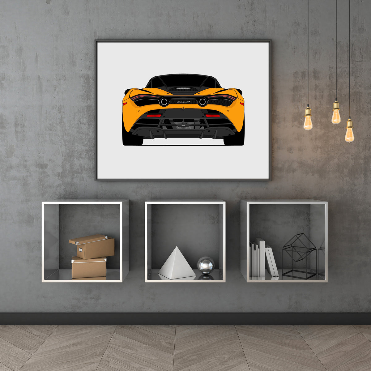 McLaren 720S (2017-2023) (Rear) car poster wall art above shelves