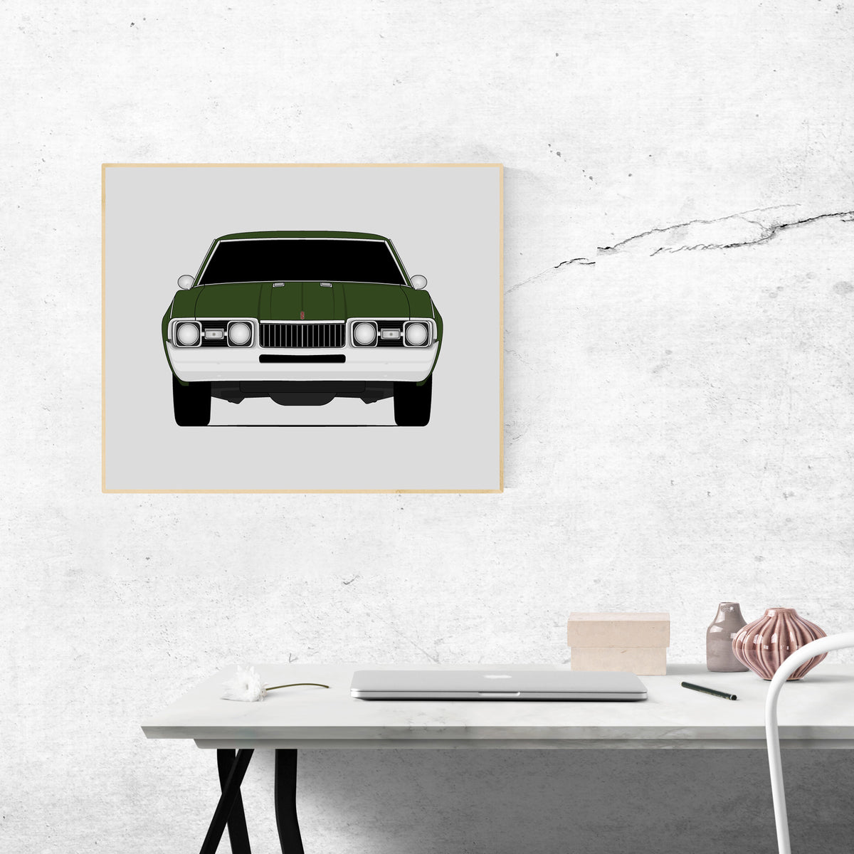 Oldsmobile Cutlass (1968) car poster wall art above a desk