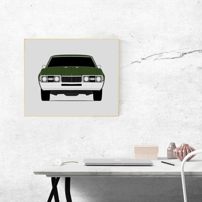 Oldsmobile Cutlass (1968) car poster wall art above a desk