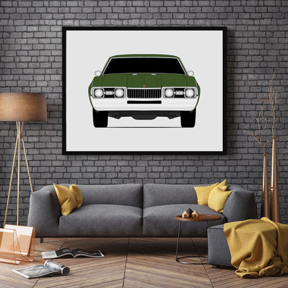 Oldsmobile Cutlass (1968) car poster wall art in a dark grey living room
