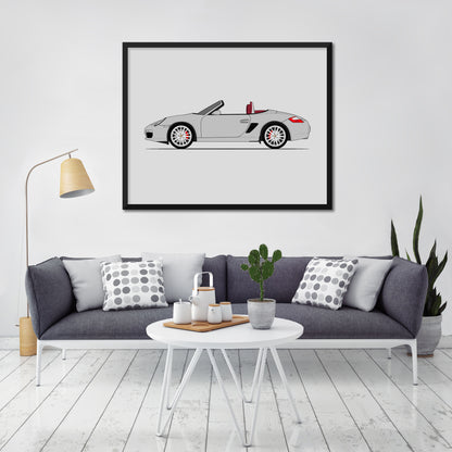 Porsche Boxster RS 60 Spyder (2004-2008) 987.1 (Side Profile) car poster wall art in a light living room