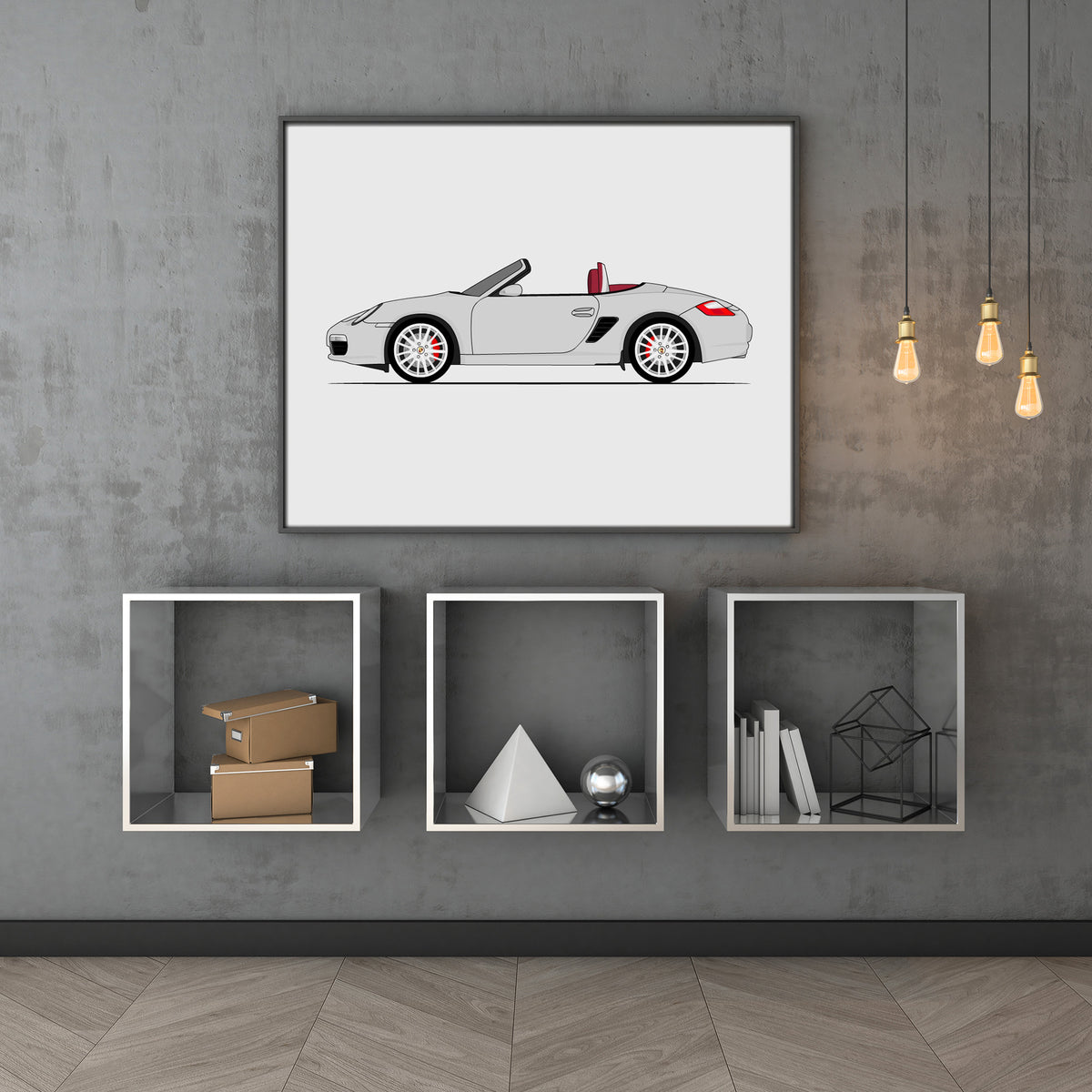Porsche Boxster RS 60 Spyder (2004-2008) 987.1 (Side Profile) car poster wall art above shelves