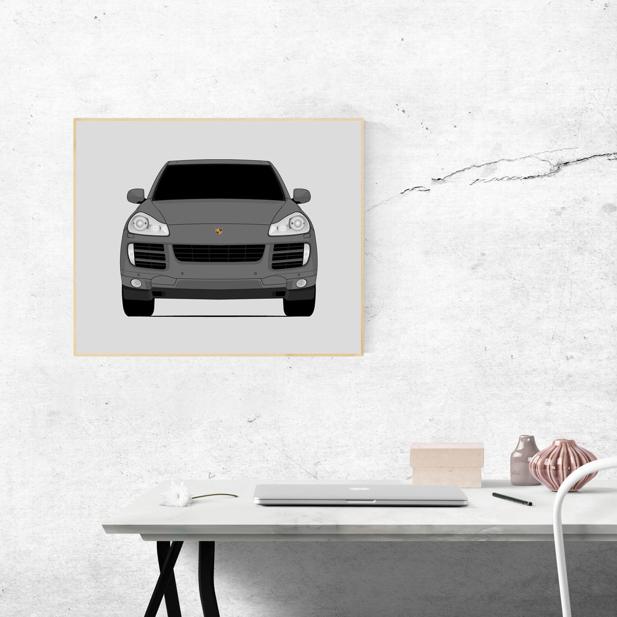 Porsche Cayenne S (2008-2010) car poster wall art above a desk