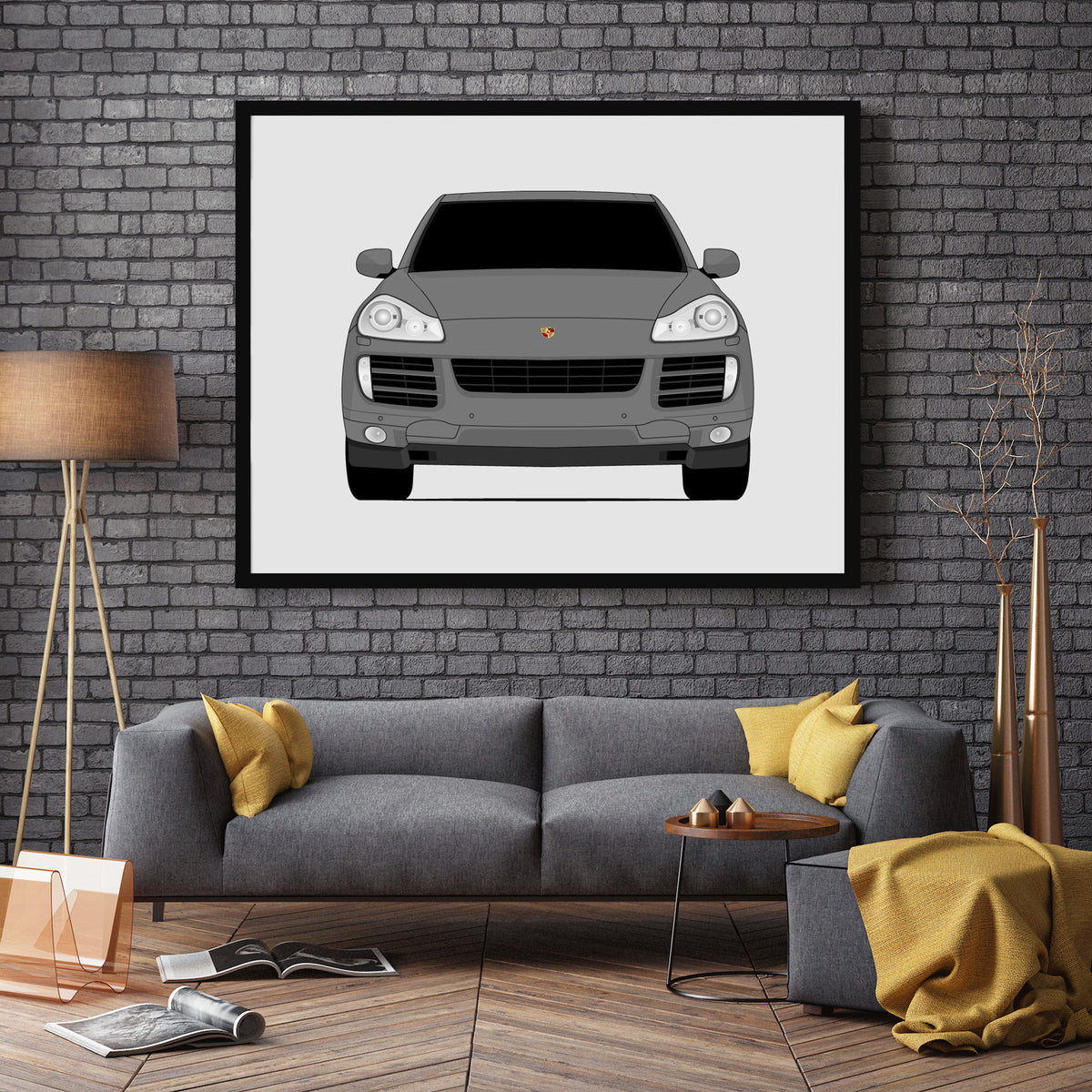 Porsche Cayenne S (2008-2010) car poster wall art in a dark grey living room