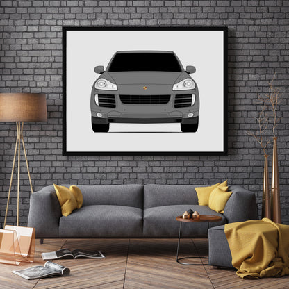 Porsche Cayenne S (2008-2010) car poster wall art in a dark grey living room