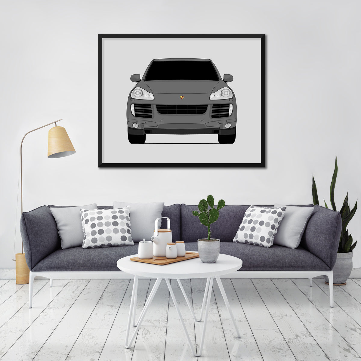 Porsche Cayenne S (2008-2010) car poster wall art in a light living room