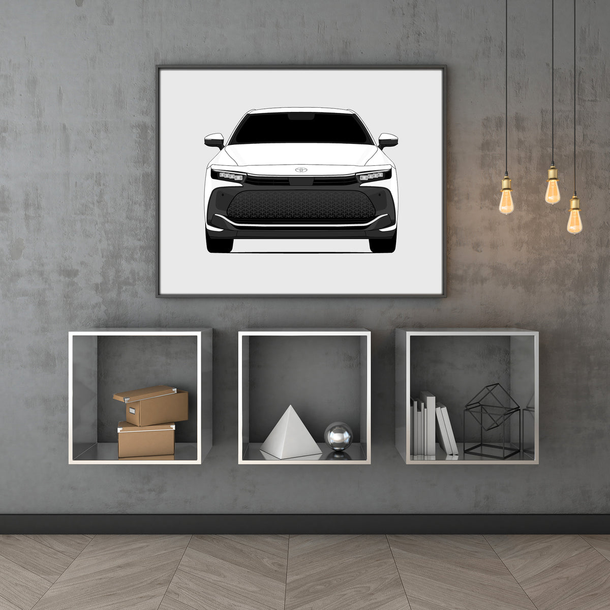 Toyota Crown (2023-Present) car poster wall art above shelves