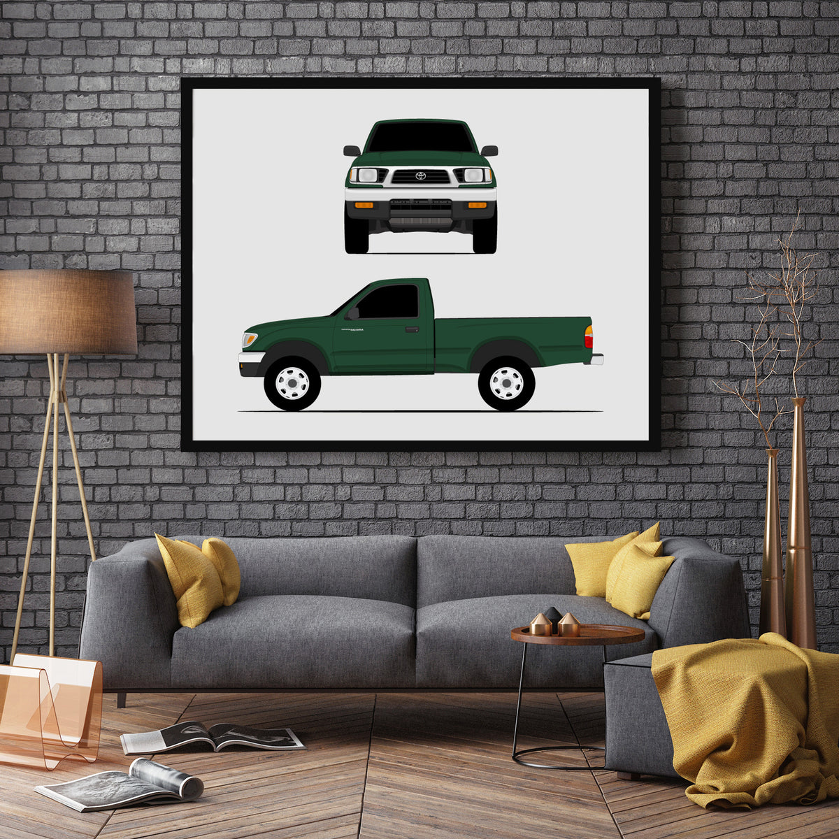 Toyota Tacoma TRD Pro (1995-1997) Gen 1 (Front and Side) car poster wall art in a dark grey living room