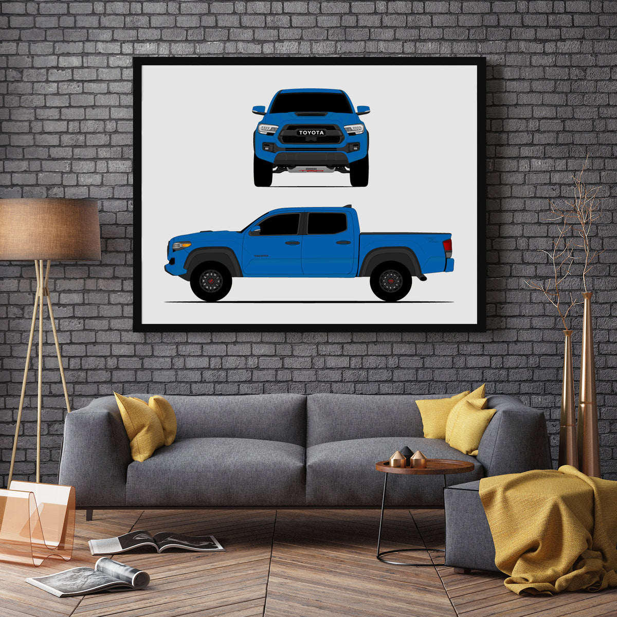 Toyota Tacoma TRD Pro (2016-2019) Gen 3 (Front and Side) car poster wall art in a dark grey living room