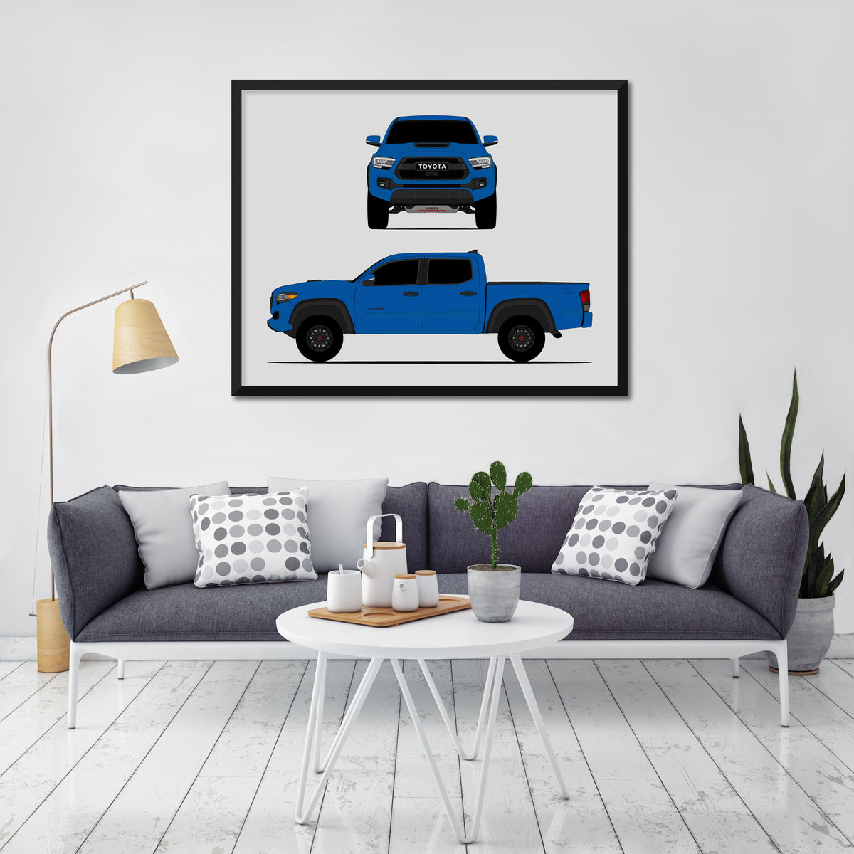 Toyota Tacoma TRD Pro (2016-2019) Gen 3 (Front and Side) car poster wall art in a light living room