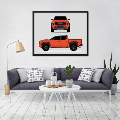 Toyota Tacoma TRD Pro (2024-Present) Gen 4 (Front and Side) car poster wall art in a light living room