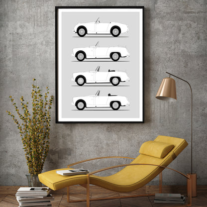 Austin Healey Sprite Generations History and Evolution Poster (Side Profile)