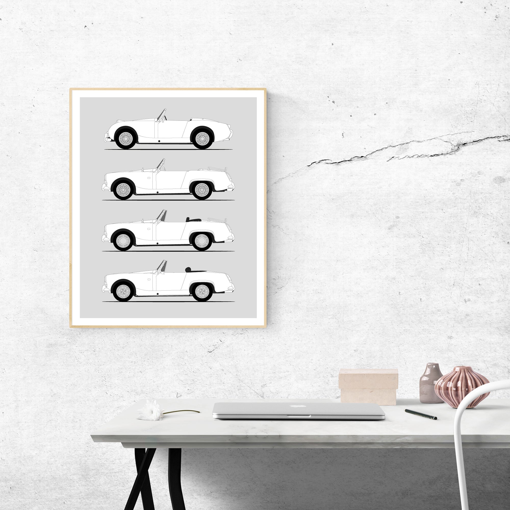 Austin Healey Sprite Generations History and Evolution Poster (Side Profile)